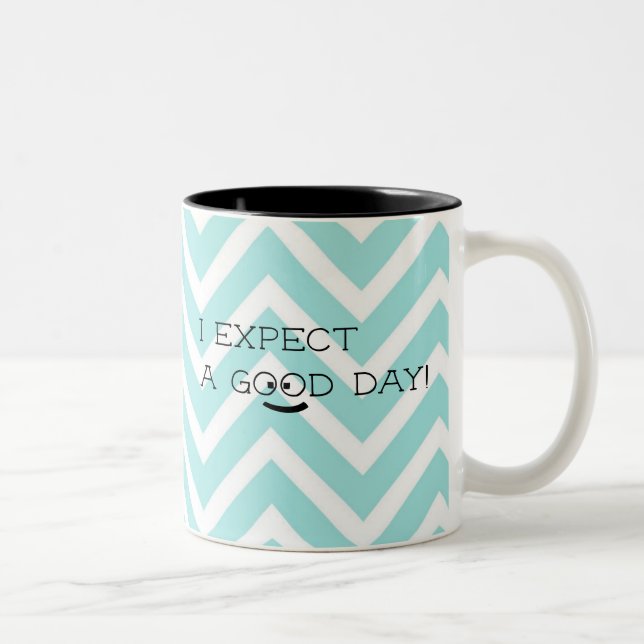 Positive Expectation Good Day Blue Chevron Two-Tone Coffee Mug (Right)