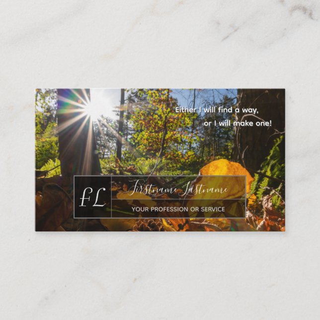 Positive motivational quote sunny forest trail business card (Front)