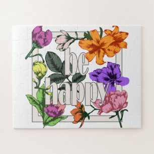 Positive quote Be Happy and garden flowers Jigsaw Puzzle