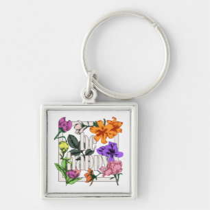 Positive quote Be Happy and garden flowers Keychain
