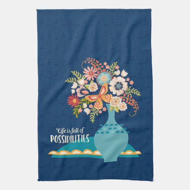Positive Quote Pretty Blue Floral Vase Kitchen Towel (Vertical)