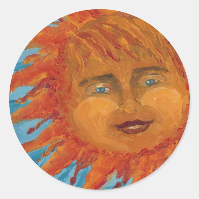 Positive, Smiling Orange Sun From Acrylic Painting Classic Round Sticker (Front)