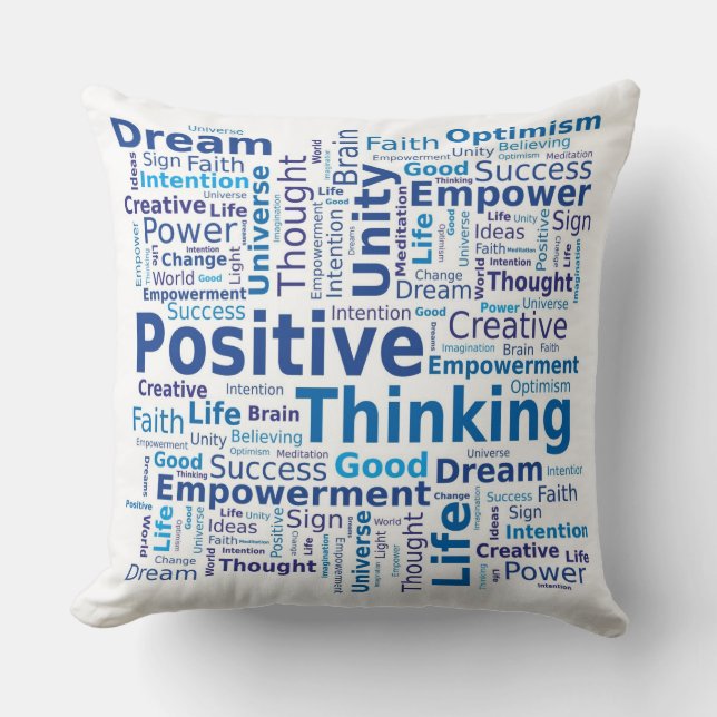 Positive Thinking Word Cloud - Blue Throw Pillow (Front)
