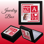 Positive vibes add photo initial red grey gift box<br><div class="desc">Keepsake jewellery / jewellery gift box.
Personalize with an initial and photo.
Positive vibes / Love,  with a love heart and the colours red,  grey and white.</div>