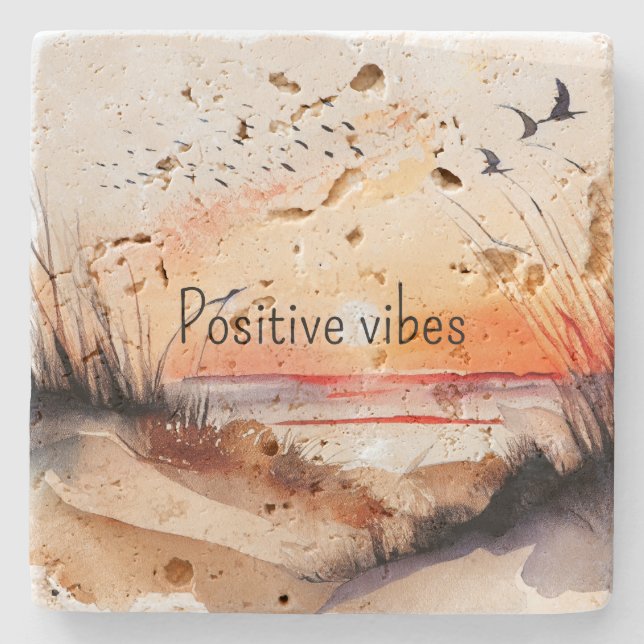 Positive Vibes Beach Sunset with Birds   Stone Coaster (Front)