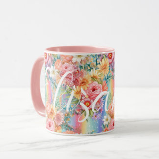 Positive Vibes Bright Rainbows Florals Custom Name Mug