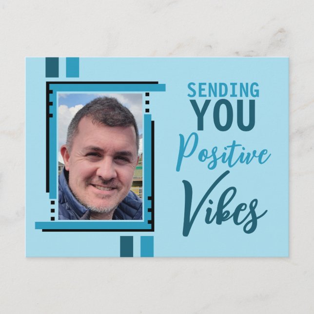 Positive vibes encouragement add photo blue postcard (Front)