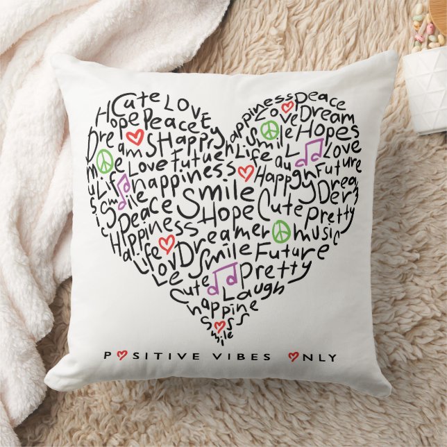 Positive Vibes Only Heart Design Throw Pillow (Blanket)