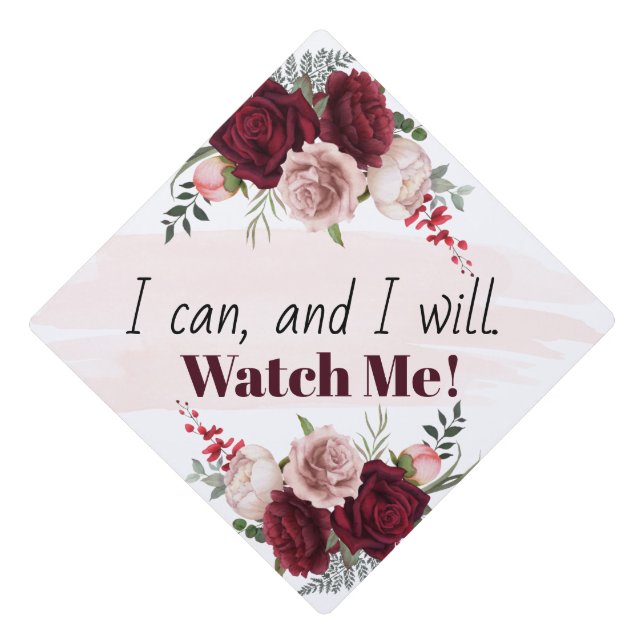 Positivity Burgundy Blush Floral Inspirational Graduation Cap Topper (Front)