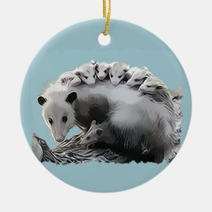Possom Family on a Log Ceramic Ornament