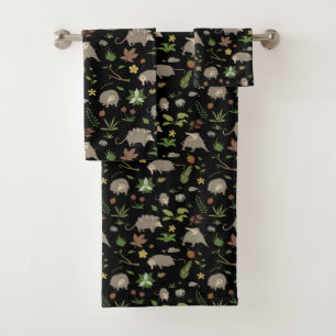 Possums in a Berry Field in Black Bath Towel Set