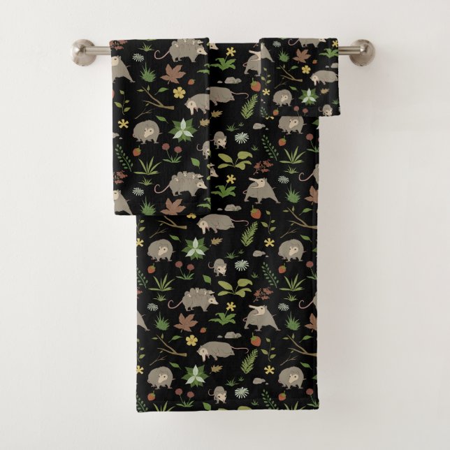 Possums in a Berry Field in Black Bath Towel Set (Insitu)
