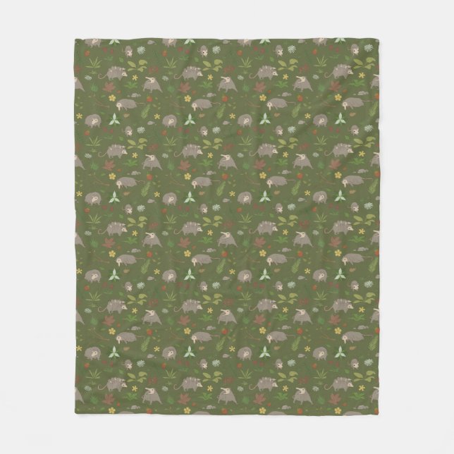 Possums in a Berry Field in Green Fleece Blanket (Front)