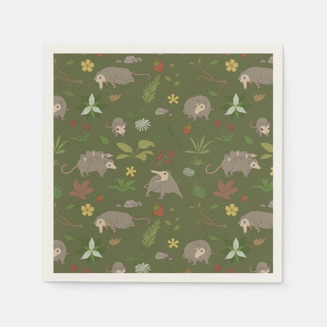 Possums in a Berry Field in Green Napkin (Front)