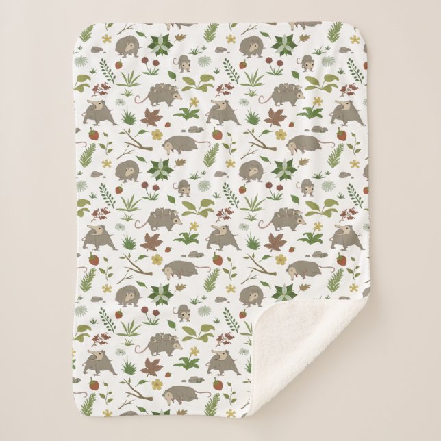 Possums in a Berry Field in White Sherpa Blanket (Front)