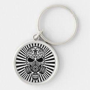 Post Apocalyptic Sugar Skull, black and white Keychain