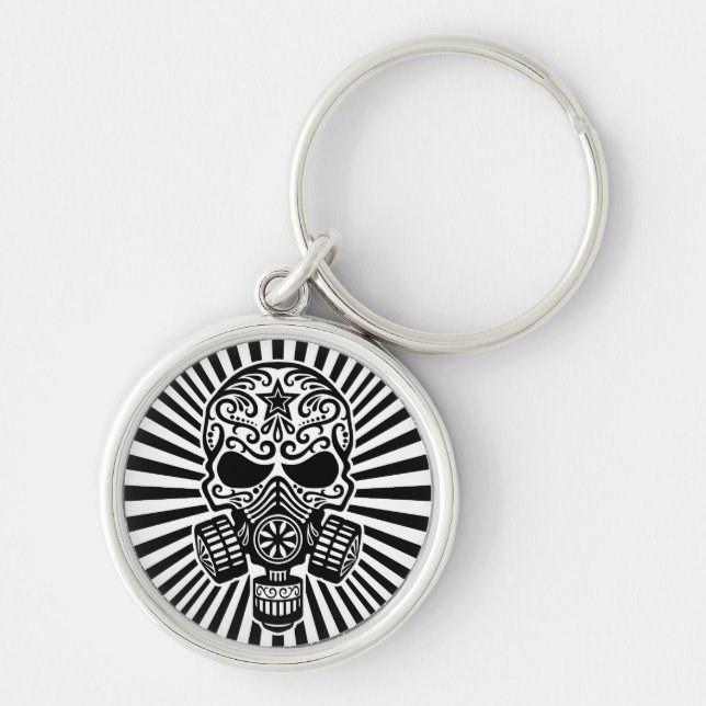 Post Apocalyptic Sugar Skull, black and white Keychain (Front)