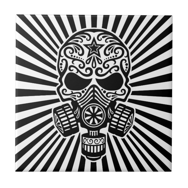 Post Apocalyptic Sugar Skull, black and white Tile (Front)