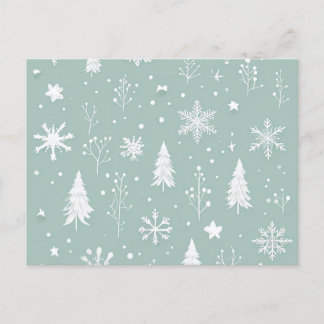 Post card with white trees and snowflakes