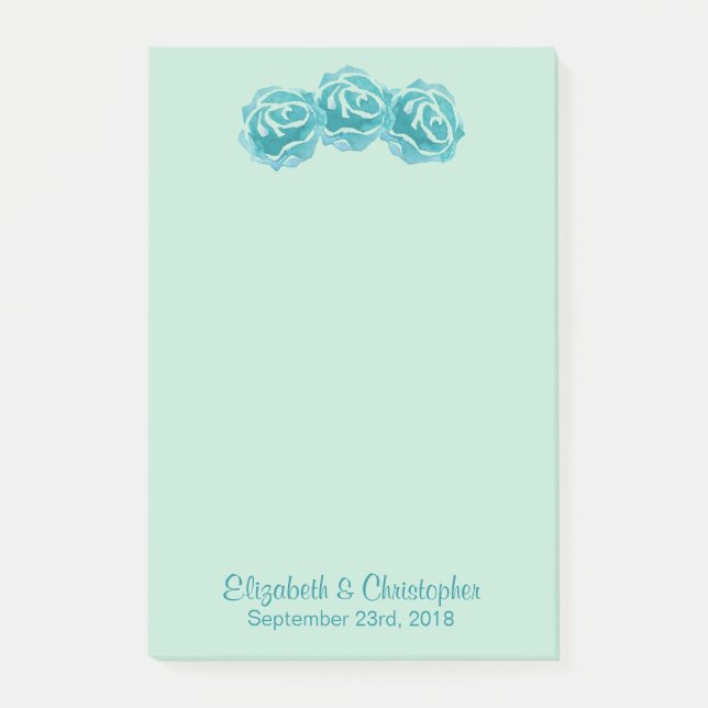 Post-it® 3 Roses Turquoises d'aquarelle sur le Mariage vert (Devant)