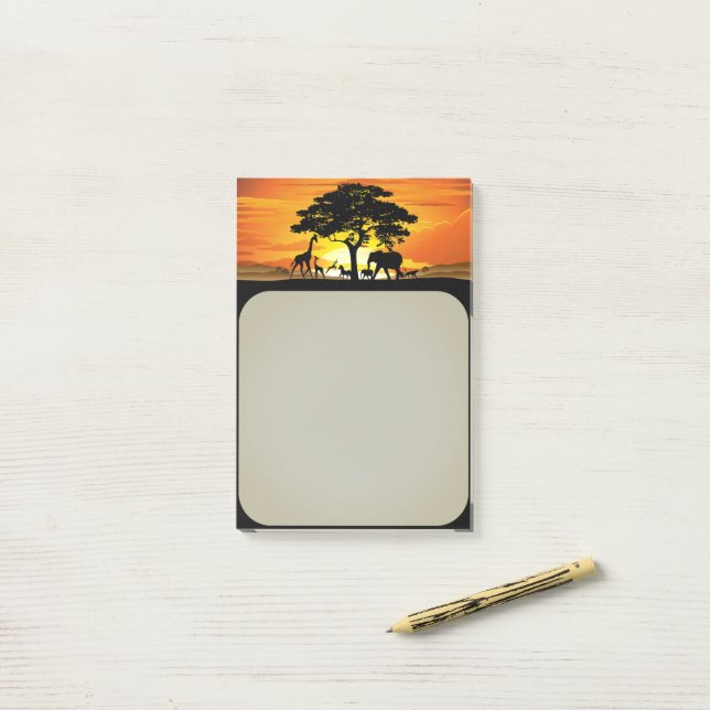 Post-it® Animaux sauvages sur le coucher de soleil de la sa (Sur un bureau)