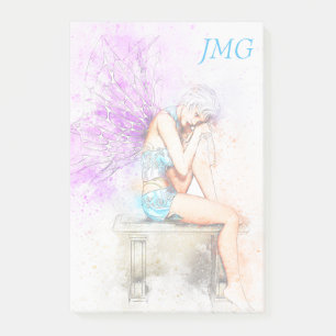 Post-it® Aquarelle Fée en bleu avec Monogramme