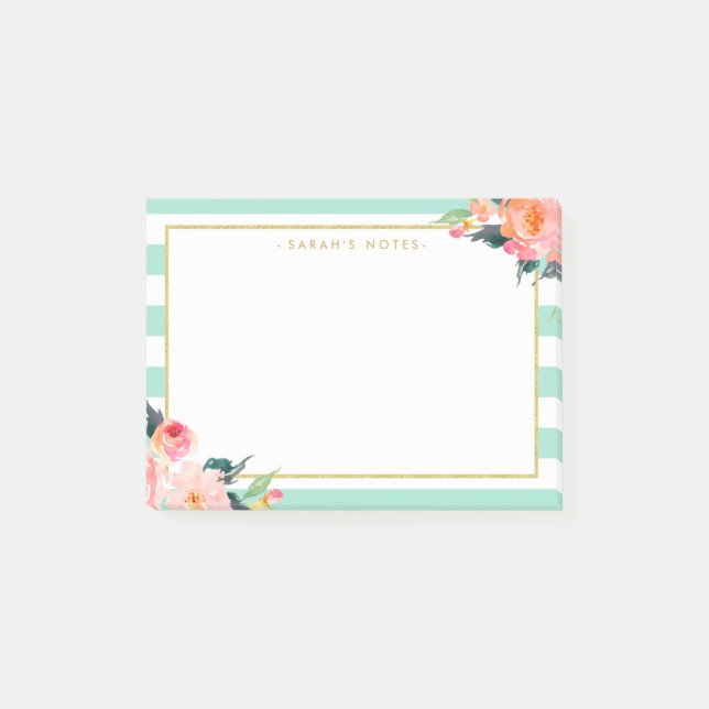 Post-it® Aquarelle Floral Or Frame Mint Green Stripes (Devant)