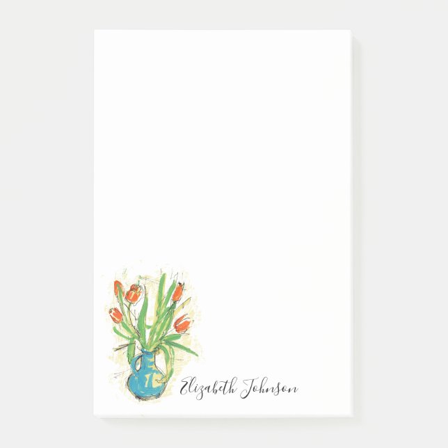 Post-it® Aquarelle Florale Vase Tulips Script Monogramme 4x (Devant)