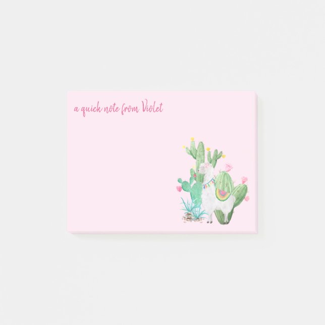 Post-it® Aquarelle mignonne de lama et de cactus - rose (Devant)