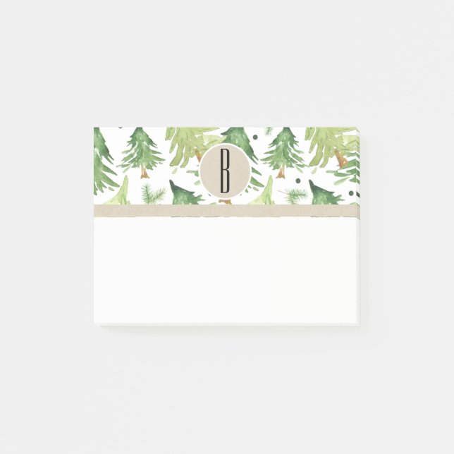 Post-it® Aquarelle Pine Arbres Moderne Rustique Monogramme  (Devant)