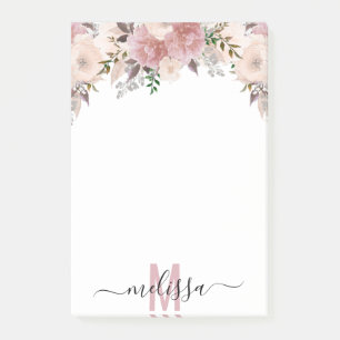 Post-it® Aquarelle Rose poussiéreuse Fleur florale Monogram
