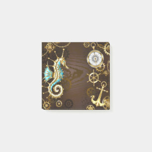 Post-it® Arrière - plan en bois avec cheval de mer mécaniqu