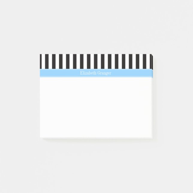 Post-it® Black White Stripe Sky Blue Nom Monogramme (Devant)