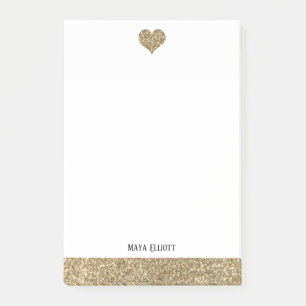 Post-it® Blanc avec cœur et bordure à paillettes dorées fau