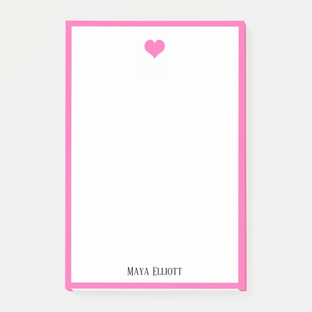 Post-it® Blanc avec Coeur et Bordure rose vif + Nom (Devant)