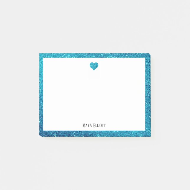 Post-it® Blanc avec Parties scintillant Turquoise Coeur et  (Devant)