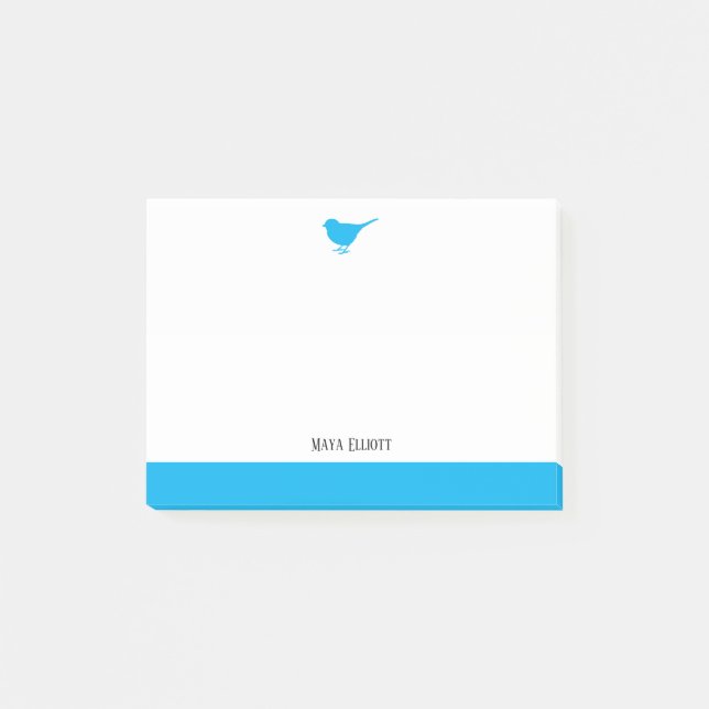 Post-it® Blanc avec petit ciel bleu Oiseau et bordure + Nom (Devant)