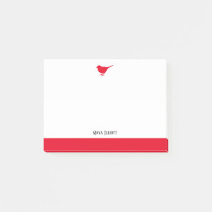 Post-it® Blanc avec petit oiseau rouge et bordure + nom