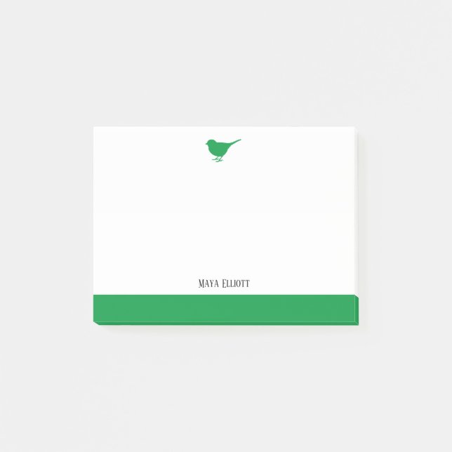 Post-it® Blanc avec Petit Oiseau Vert & Bordure + Nom (Devant)