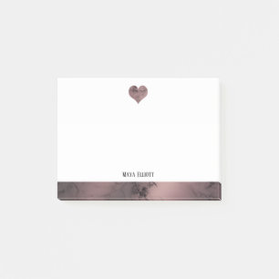 Post-it® Blanc sur marbre rose doré, cœur et bordure, nom