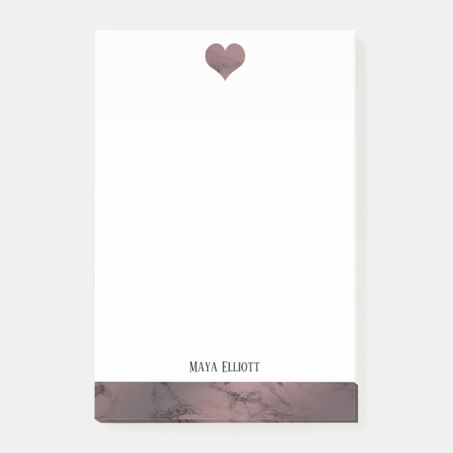 Post-it® Blanc sur Rose Gold Marble Coeur & Bordure + Nom (Devant)