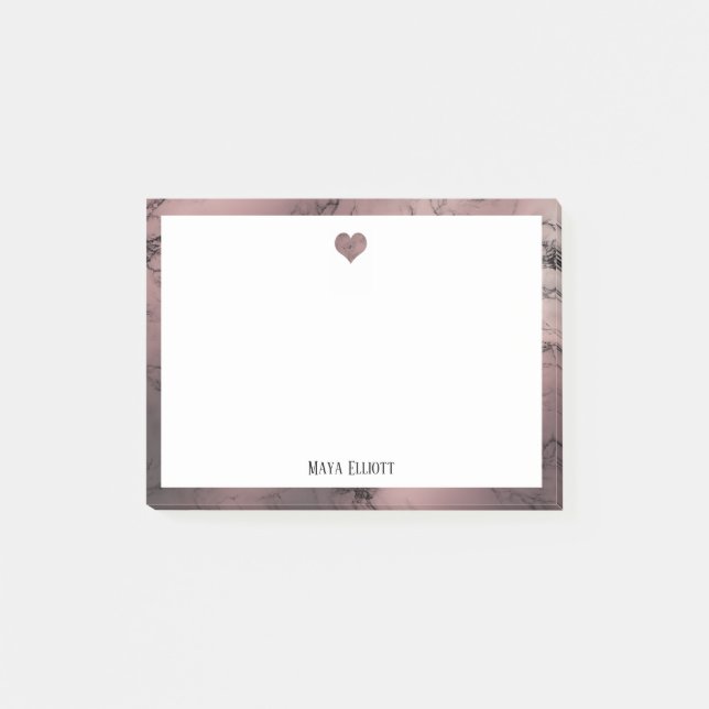 Post-it® Blanc sur Rose Gold Marble Coeur & Bordure, Nom (Devant)
