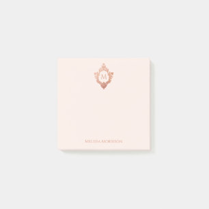 Post-it® Blason de monogramme rose or rose vintage élégant