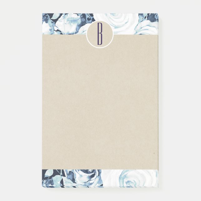 Post-it® Bleu Blanc Hiver Roses Kraft Rustique Monogramme (Devant)