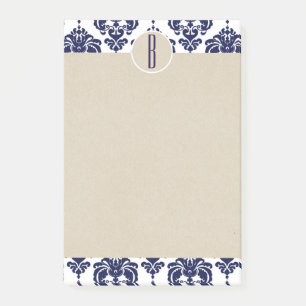 Post-it® Bleu Navy Blanc Glam Damassé Kraft Monogramme Init