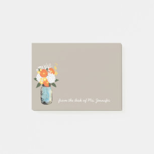 Post-it® Blue Mason Jar Blanc Hydrangeas Orange Daisées