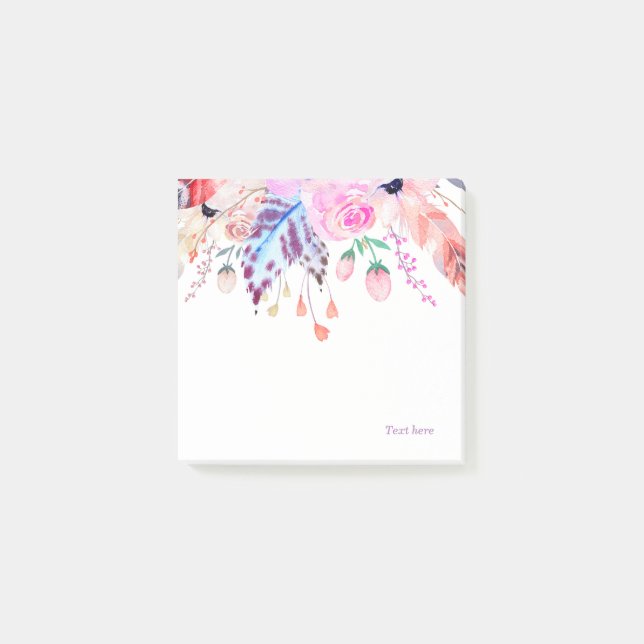 Post-it® bohème, boho, rose, floral, plume, tendance, (Devant)