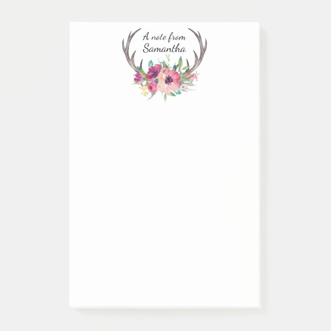 Post-it® Boho Antlers Aquarelle Florale avec votre nom (Devant)