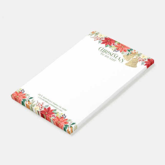 Post-it® Bordure de Noël Poinsettia et de cloches d'or (Incliné)