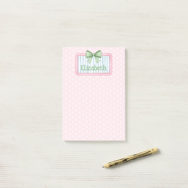 Post-it® Cadre rose et bleu avec un nœud en vichy vert (Sur un bureau)